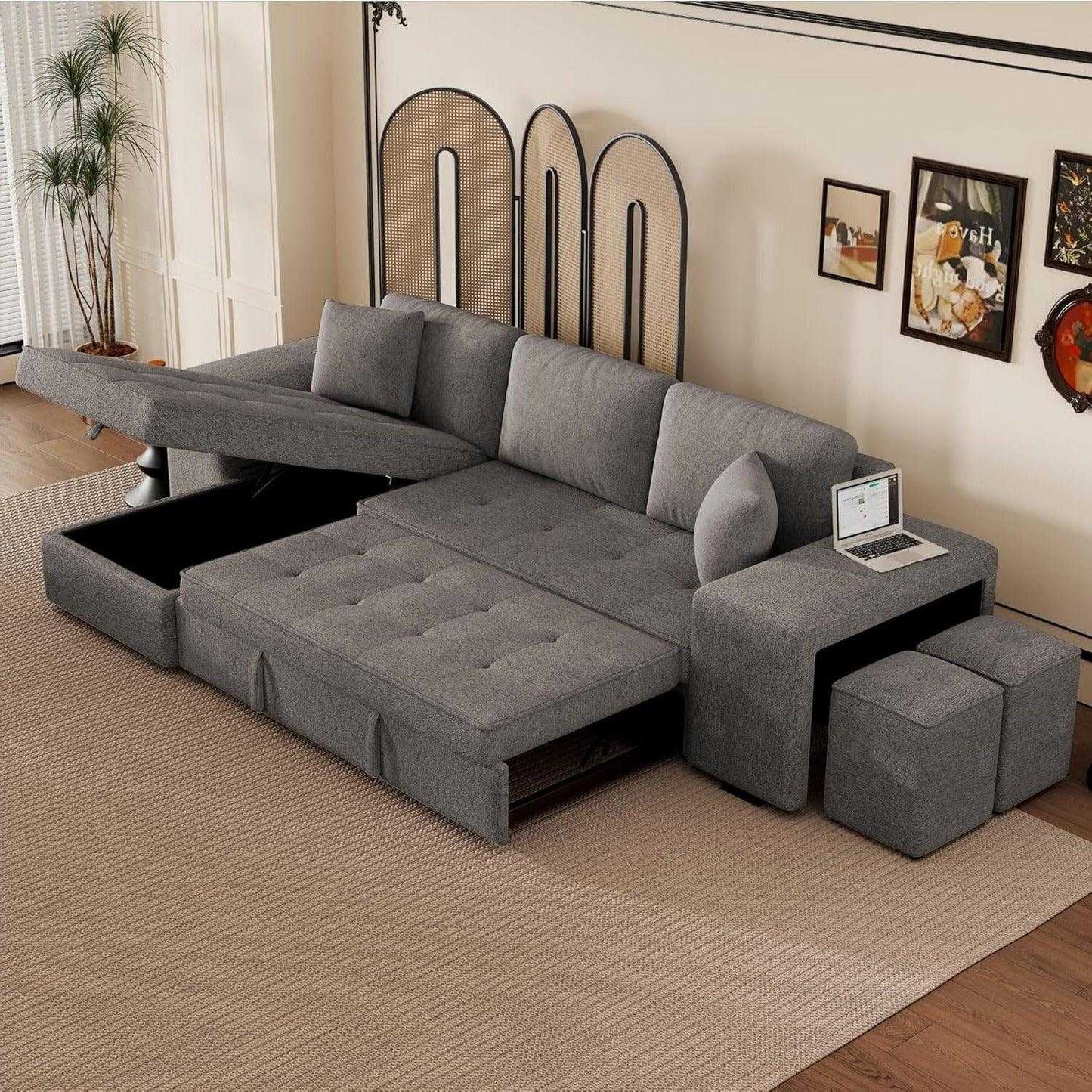 Juana 6 Seater L Shape Sofa Cum Bed with Storage & 2 Puffy – Modern Convertible Sofa for Living Room
