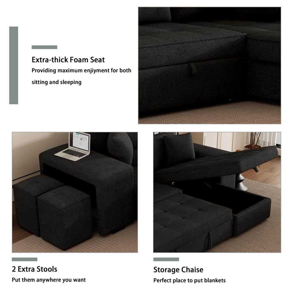 Juana 6 Seater L Shape Sofa Cum Bed with Storage & 2 Puffy – Modern Convertible Sofa for Living Room