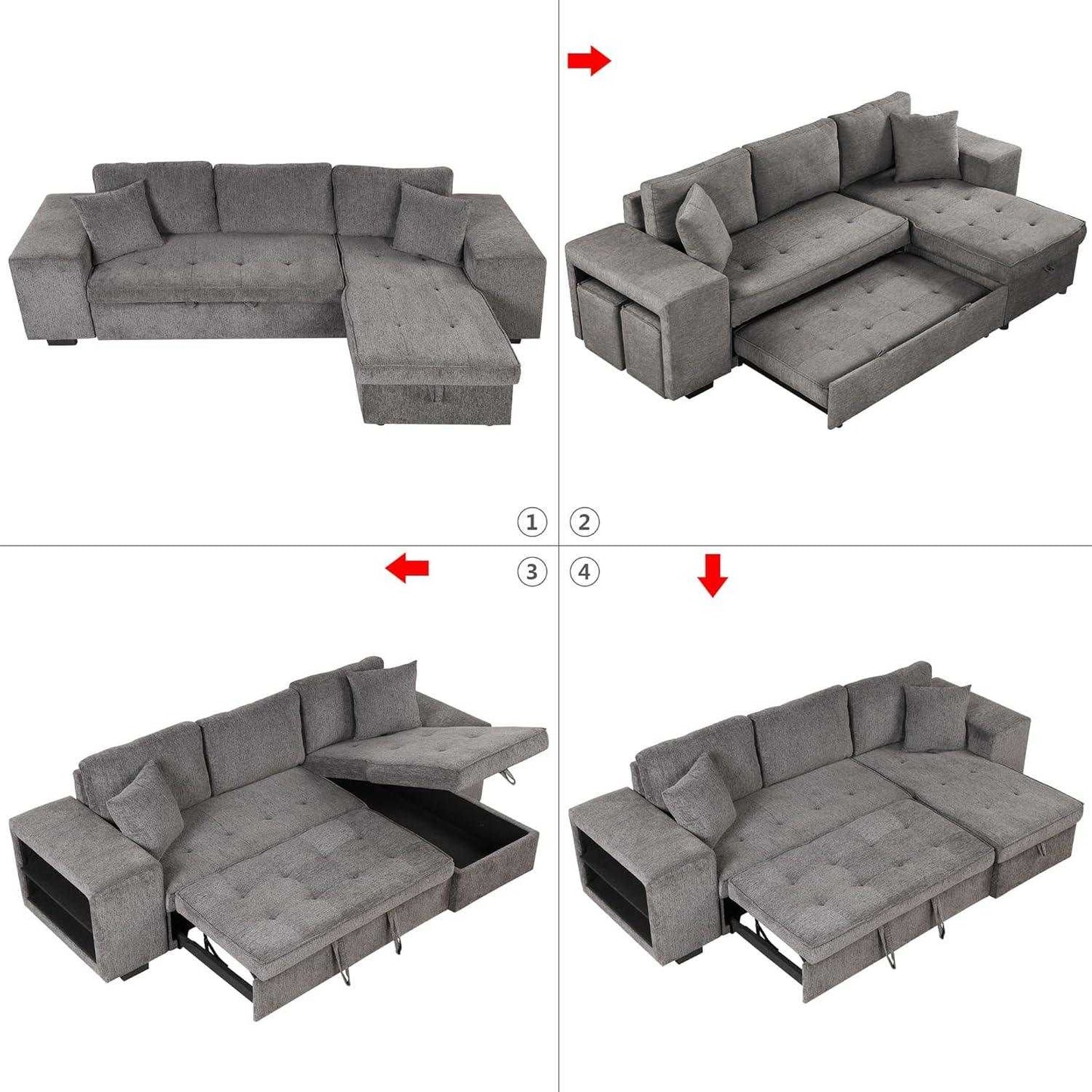 Juana 6 Seater L Shape Sofa Cum Bed with Storage & 2 Puffy – Modern Convertible Sofa for Living Room