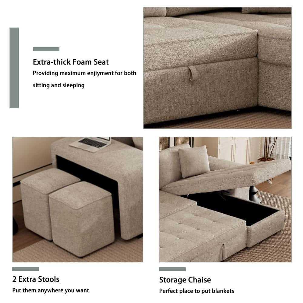 Juana 6 Seater L Shape Sofa Cum Bed with Storage & 2 Puffy – Modern Convertible Sofa for Living Room
