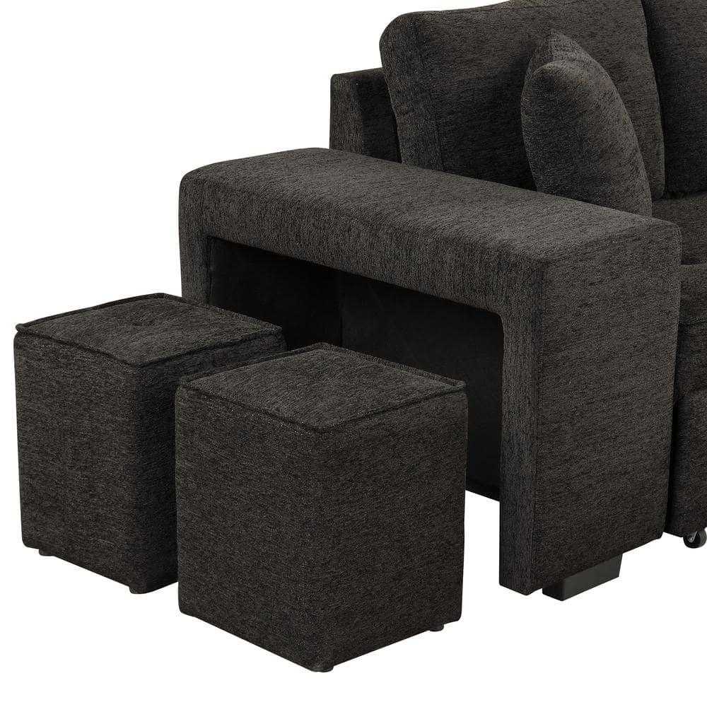 Juana 6 Seater L Shape Sofa Cum Bed with Storage & 2 Puffy – Modern Convertible Sofa for Living Room