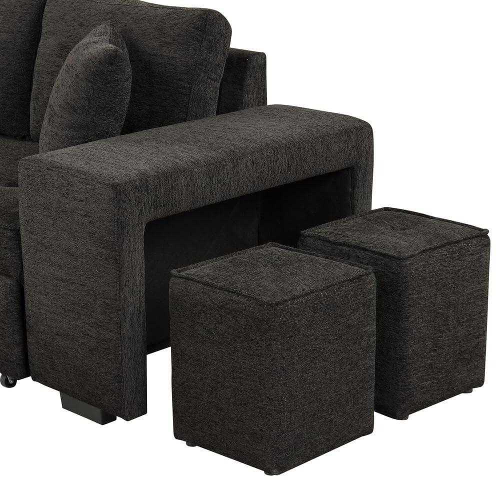 Juana 6 Seater L Shape Sofa Cum Bed with Storage & 2 Puffy – Modern Convertible Sofa for Living Room