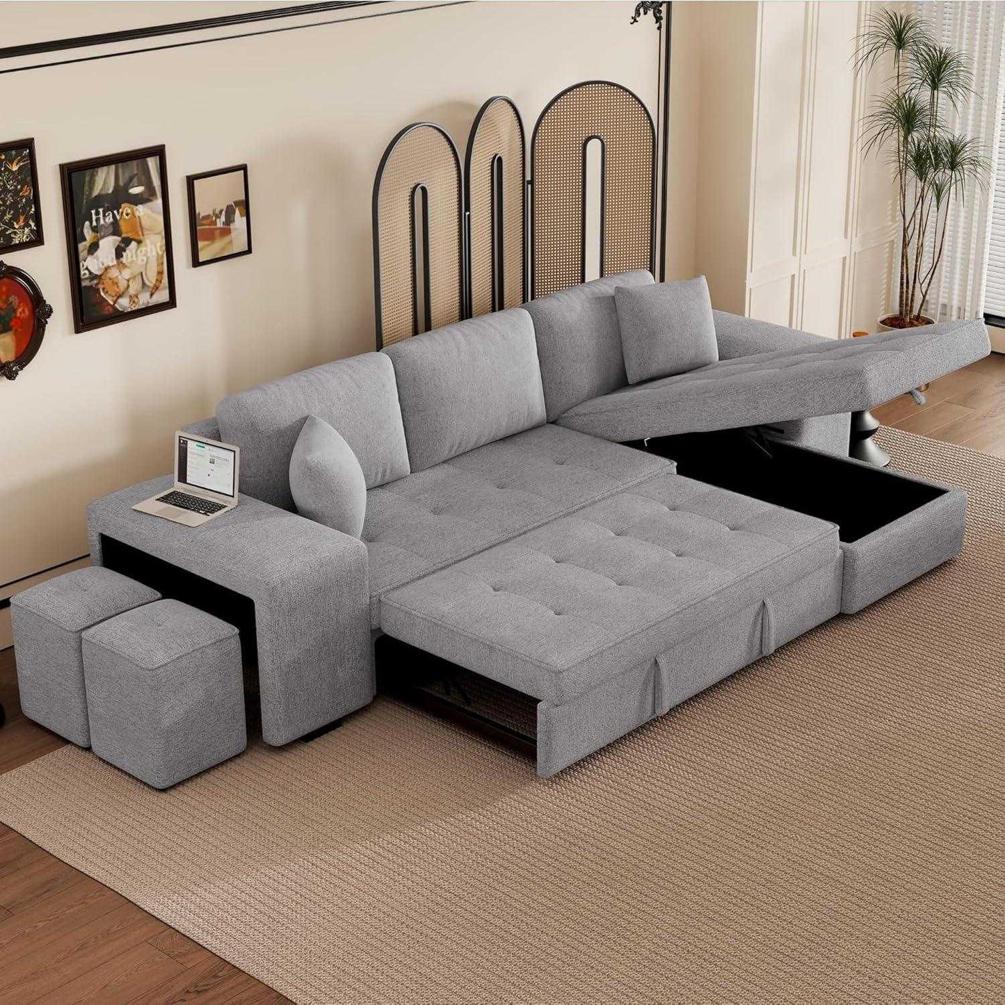 Juana 6 Seater L Shape Sofa Cum Bed with Storage & 2 Puffy – Modern Convertible Sofa for Living Room