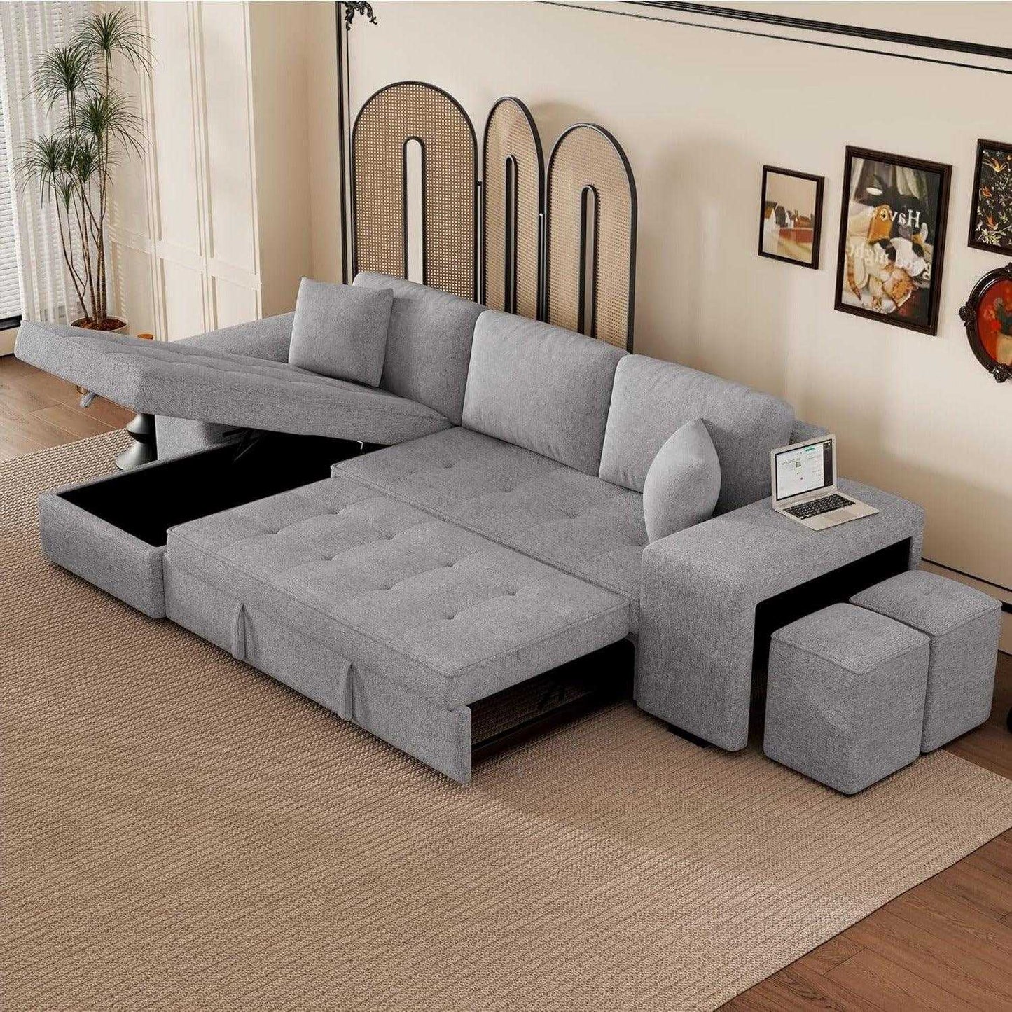 Juana 6 Seater L Shape Sofa Cum Bed with Storage & 2 Puffy – Modern Convertible Sofa for Living Room