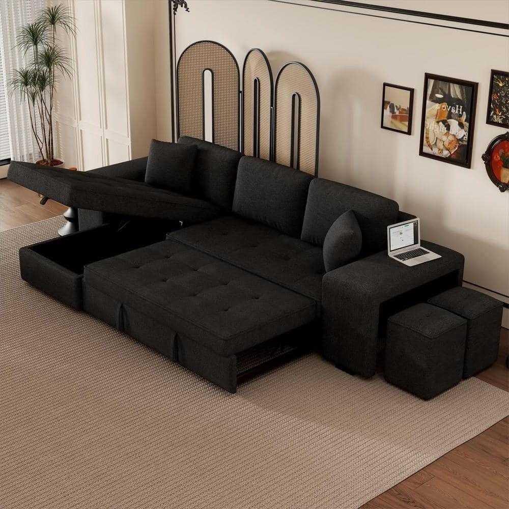 Juana 6 Seater L Shape Sofa Cum Bed with Storage & 2 Puffy – Modern Convertible Sofa for Living Room