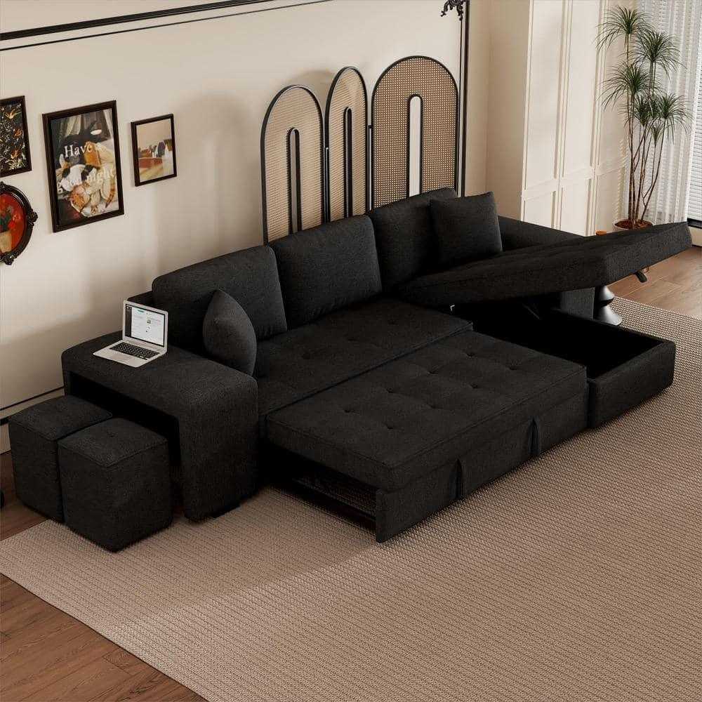 Juana 6 Seater L Shape Sofa Cum Bed with Storage & 2 Puffy – Modern Convertible Sofa for Living Room
