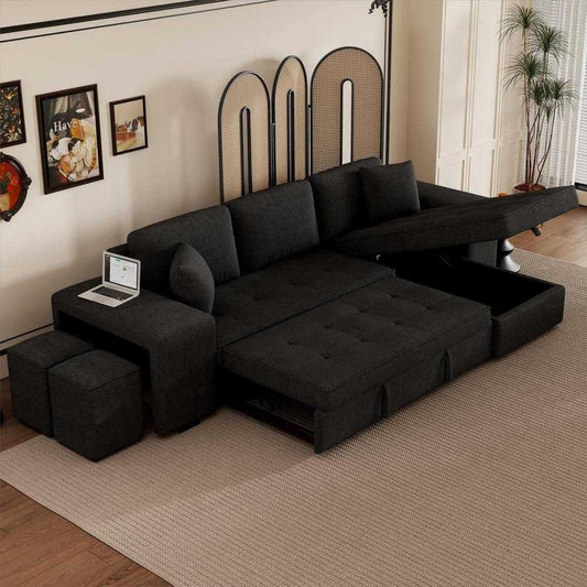 Juana 6 Seater L Shape Sofa Cum Bed with Storage & 2 Puffy – Modern Convertible Sofa for Living Room