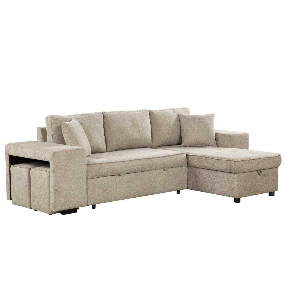 Juana 6 Seater L Shape Sofa Cum Bed with Storage & 2 Puffy – Modern Convertible Sofa for Living Room