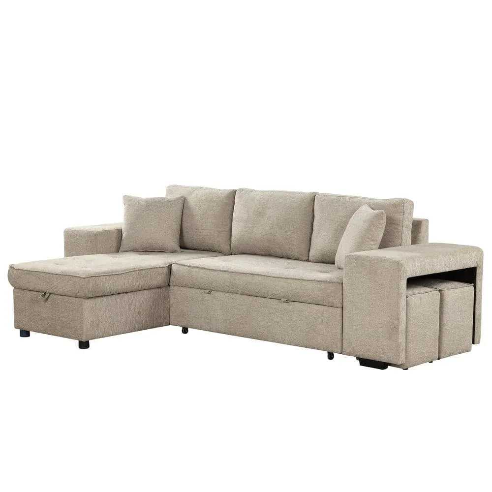 Juana 6 Seater L Shape Sofa Cum Bed with Storage & 2 Puffy – Modern Convertible Sofa for Living Room