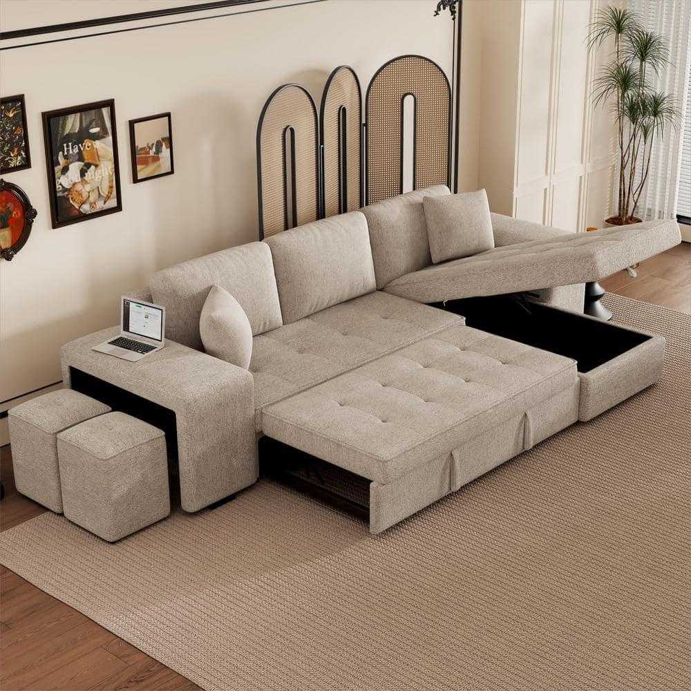 Juana 6 Seater L Shape Sofa Cum Bed with Storage & 2 Puffy – Modern Convertible Sofa for Living Room