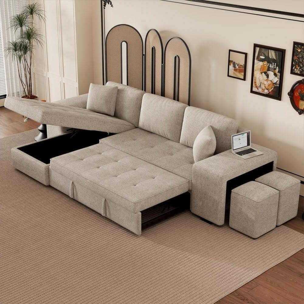 Juana 6 Seater L Shape Sofa Cum Bed with Storage & 2 Puffy – Modern Convertible Sofa for Living Room