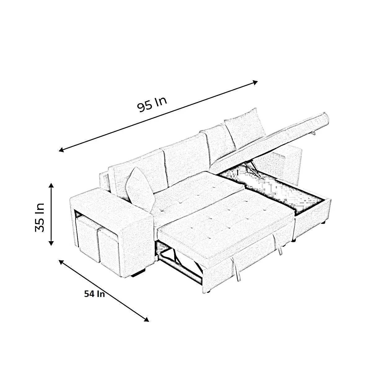 Juana 6 Seater L Shape Sofa Cum Bed with Storage & 2 Puffy – Modern Convertible Sofa for Living Room