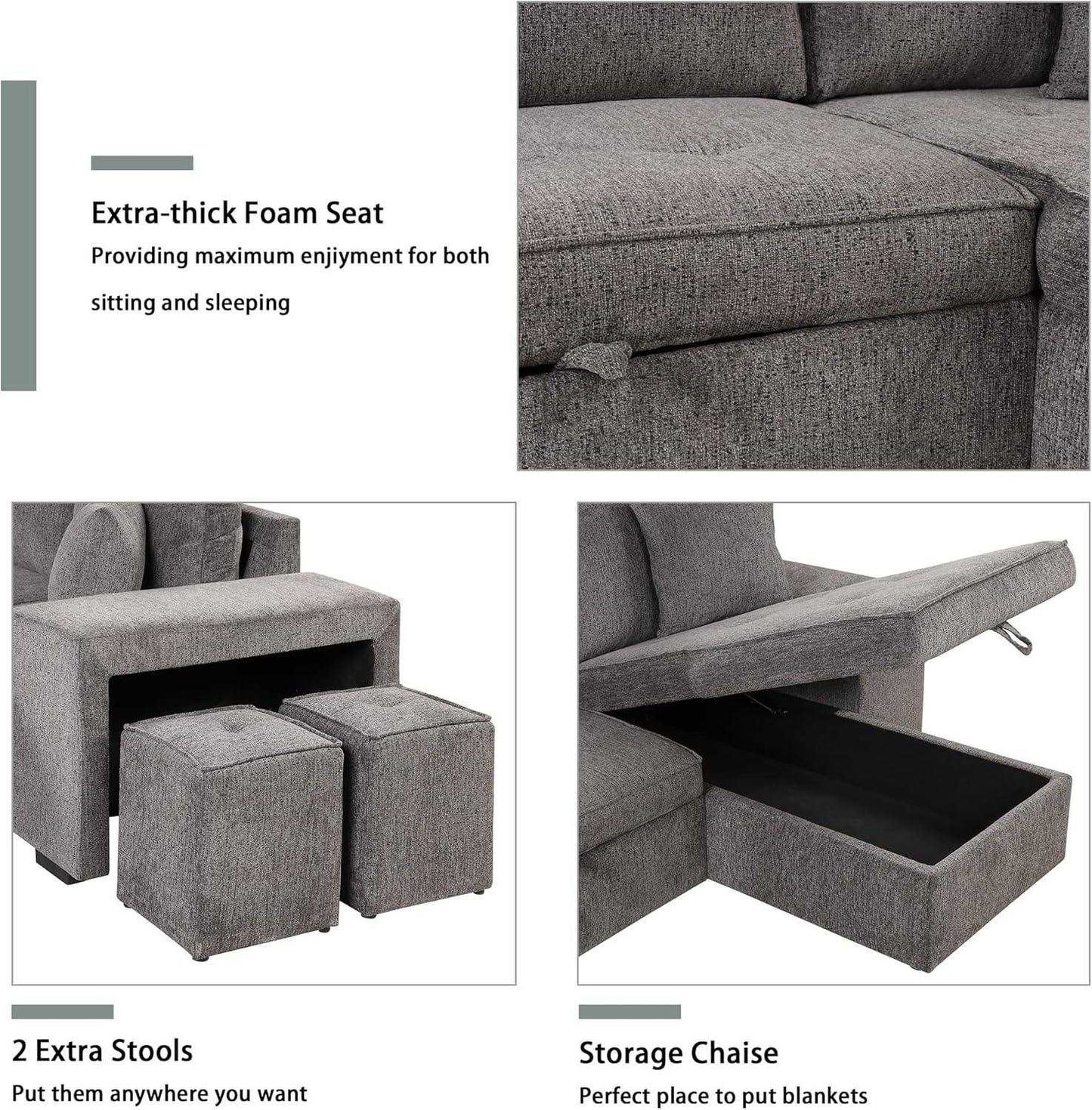 Juana 6 Seater L Shape Sofa Cum Bed with Storage & 2 Puffy – Modern Convertible Sofa for Living Room