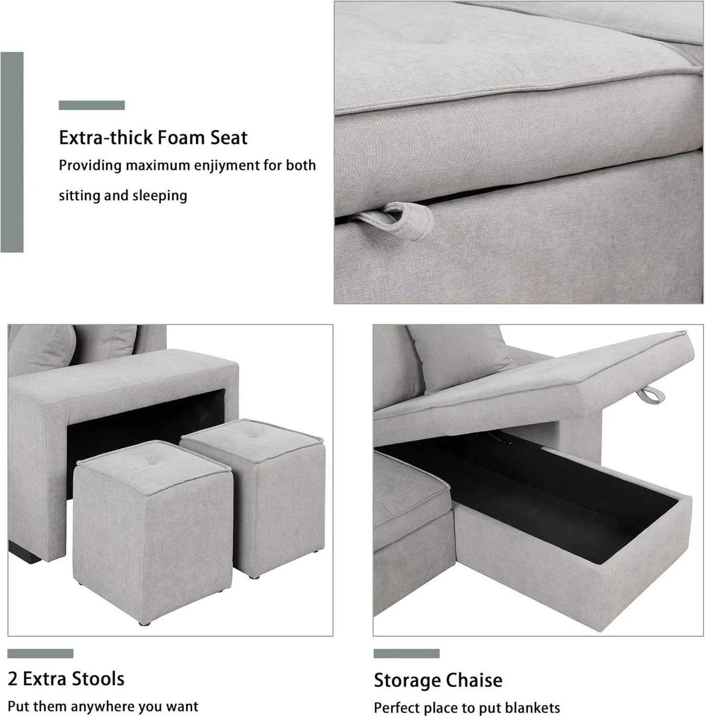Juana 6 Seater L Shape Sofa Cum Bed with Storage & 2 Puffy – Modern Convertible Sofa for Living Room