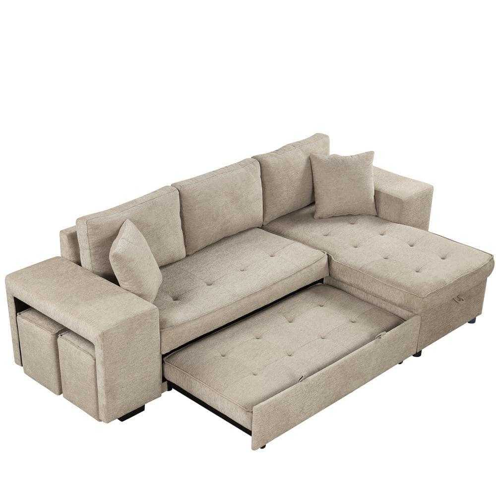 Juana 6 Seater L Shape Sofa Cum Bed with Storage & 2 Puffy – Modern Convertible Sofa for Living Room