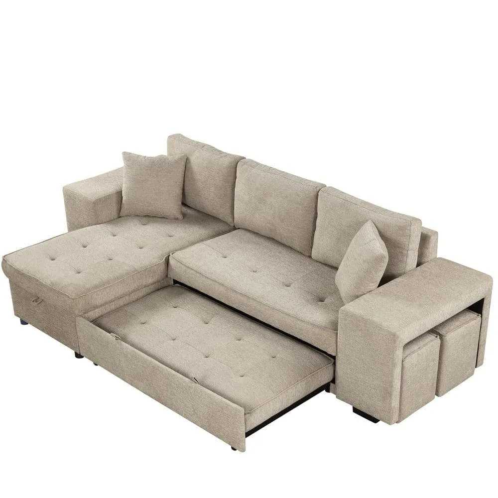 Juana 6 Seater L Shape Sofa Cum Bed with Storage & 2 Puffy – Modern Convertible Sofa for Living Room