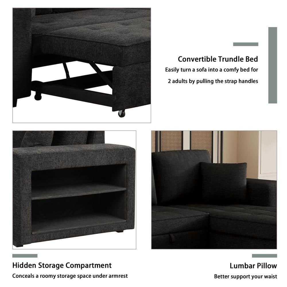 Juana 6 Seater L Shape Sofa Cum Bed with Storage & 2 Puffy – Modern Convertible Sofa for Living Room