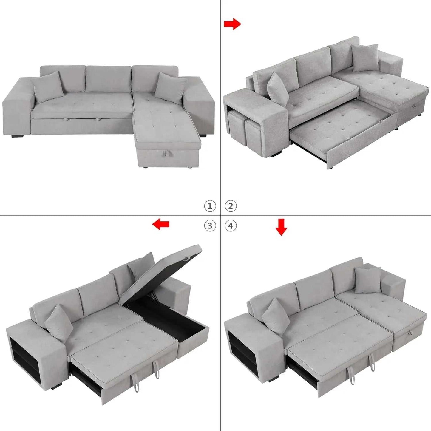 Juana 6 Seater L Shape Sofa Cum Bed with Storage & 2 Puffy – Modern Convertible Sofa for Living Room