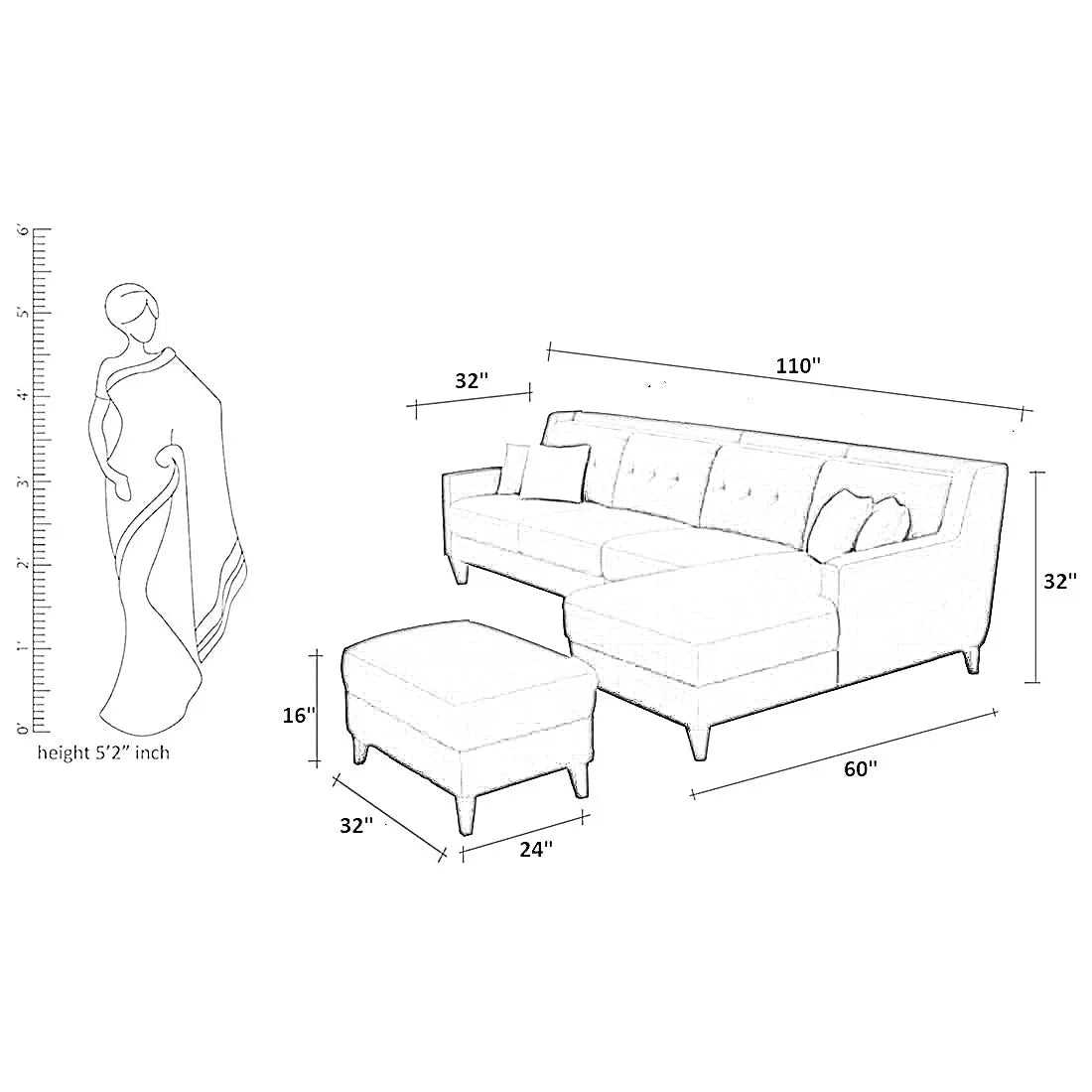 Milner L Shape 6 Seater Fabric Sofa with Ottoman