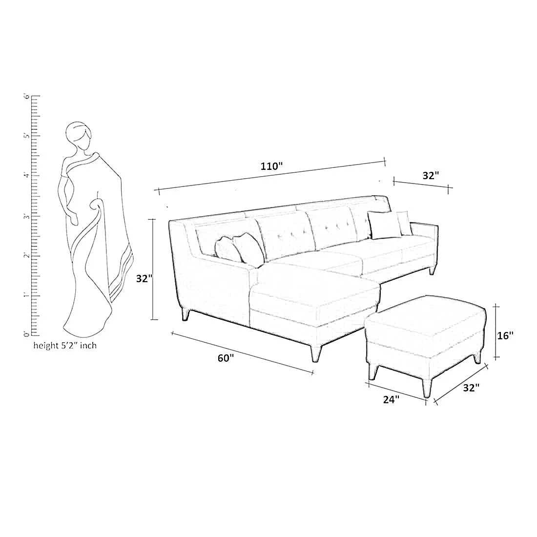 Milner L Shape 6 Seater Fabric Sofa with Ottoman