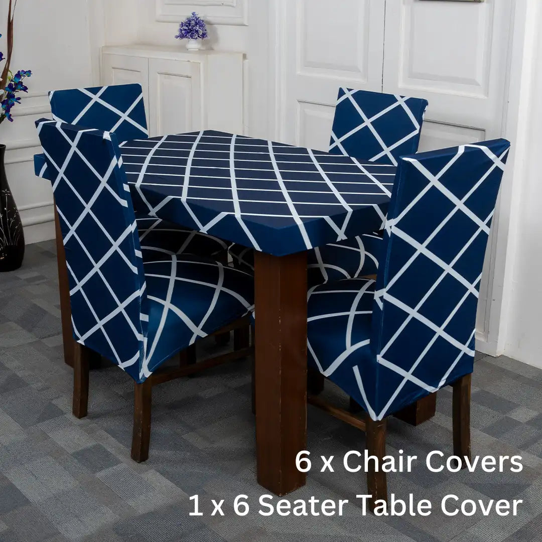 Navy Blue Checks Design Elastic Table Chairs Cover