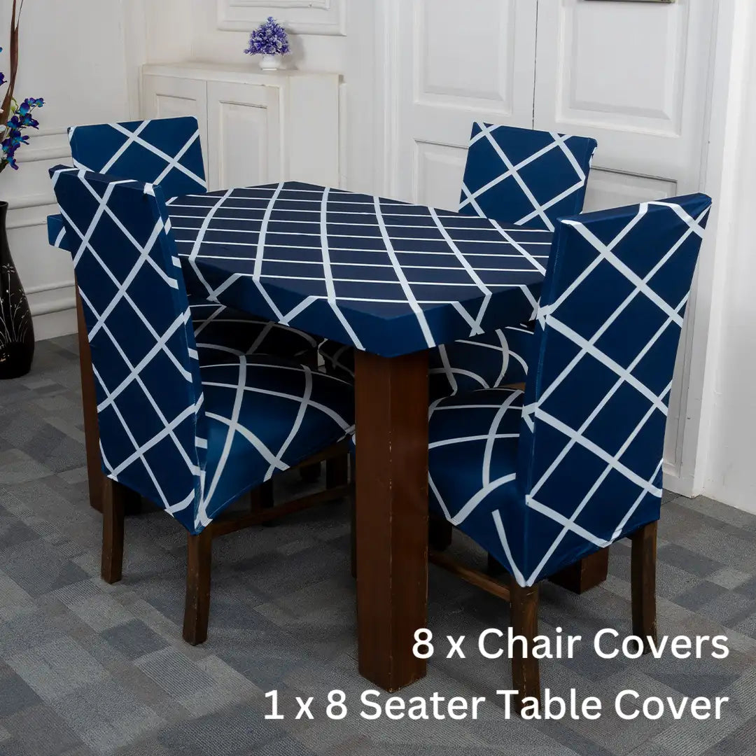 Navy Blue Checks Design Elastic Table Chairs Cover