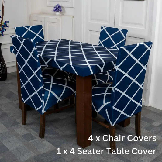 Navy Blue Checks Design Elastic Table Chairs Cover