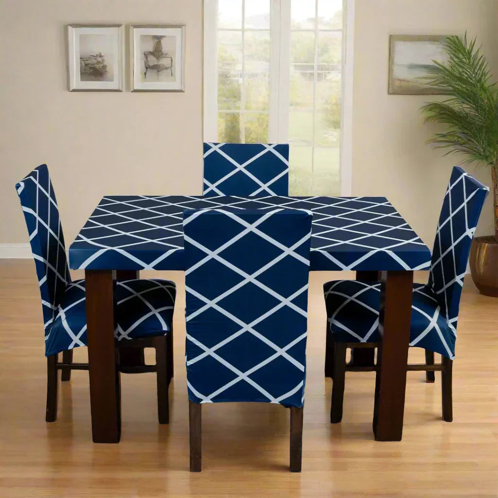 Navy Blue Checks Design Elastic Table Chairs Cover