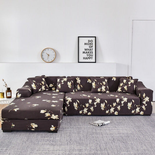 L Shape Sofa Cover- Floral Dark Coffee - Luxury Quality Strechable & Dust-proof Sofa Cover
