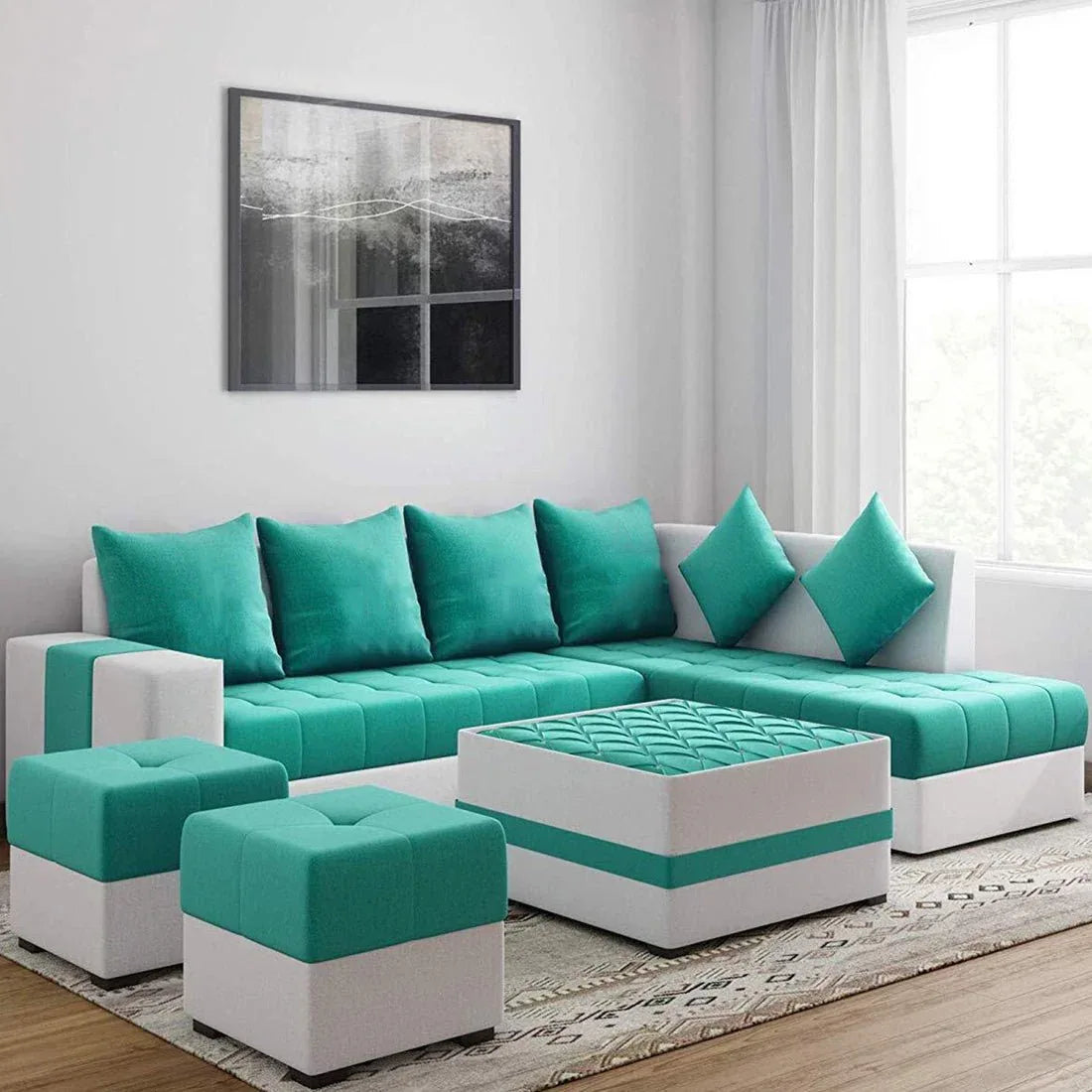 Steffan 8 Seater L Shape Fabric Sofa Set with Centre Table and 2 Puffy | Premium 8 Seater Sofa Set