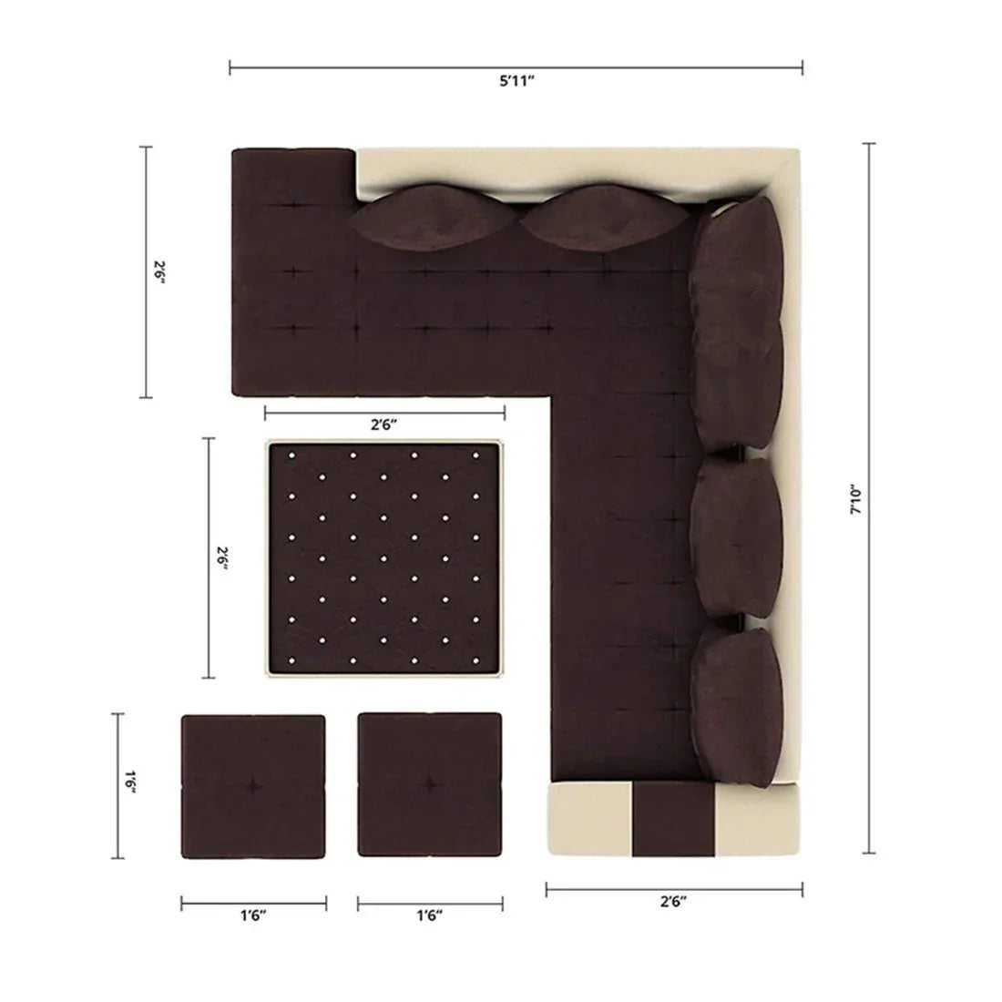 Steffan 8 Seater L Shape Fabric Sofa Set with Centre Table and 2 Puffy | Premium 8 Seater Sofa Set