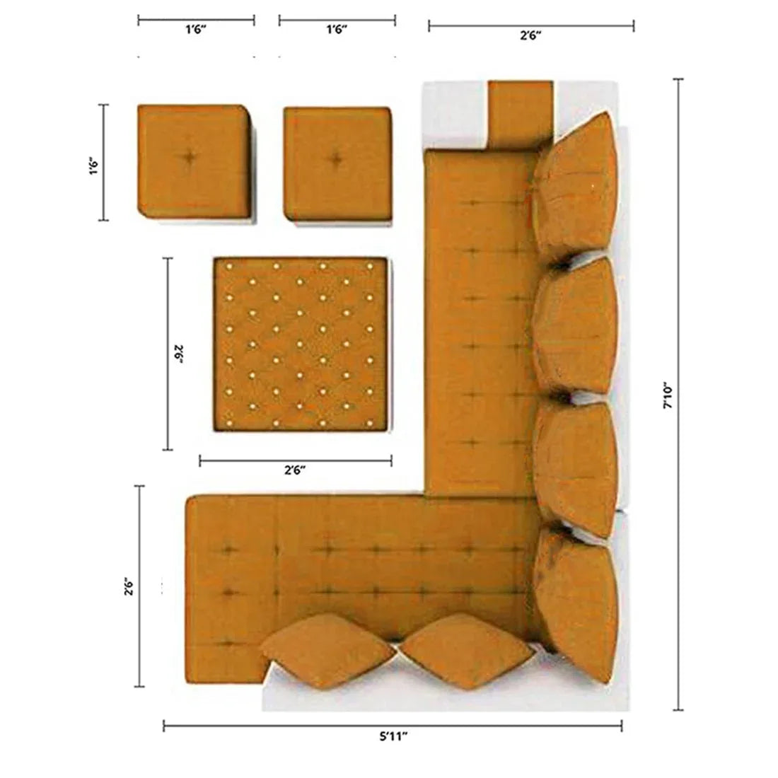 Steffan 8 Seater L Shape Fabric Sofa Set with Centre Table and 2 Puffy | Premium 8 Seater Sofa Set