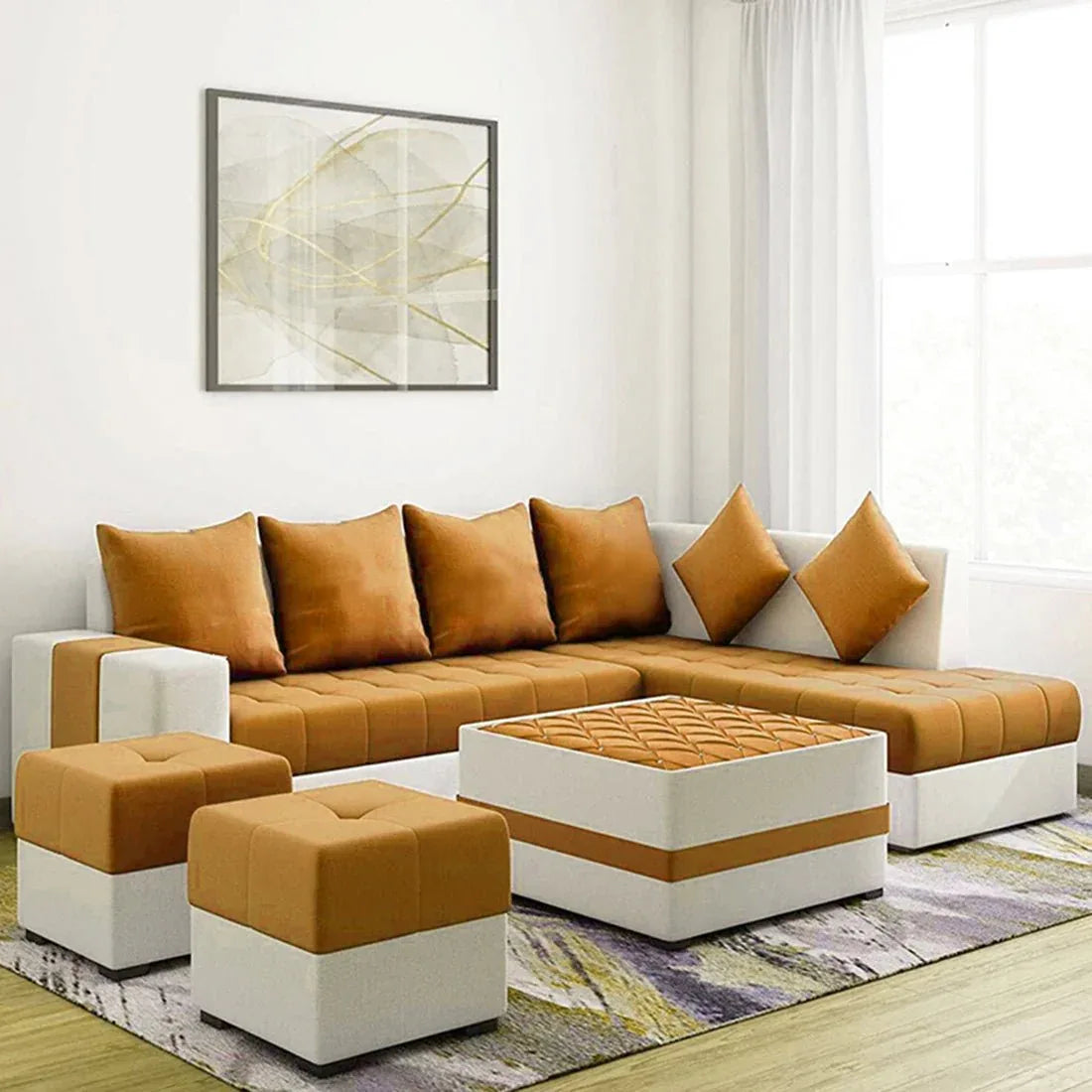 Steffan 8 Seater L Shape Fabric Sofa Set with Centre Table and 2 Puffy | Premium 8 Seater Sofa Set