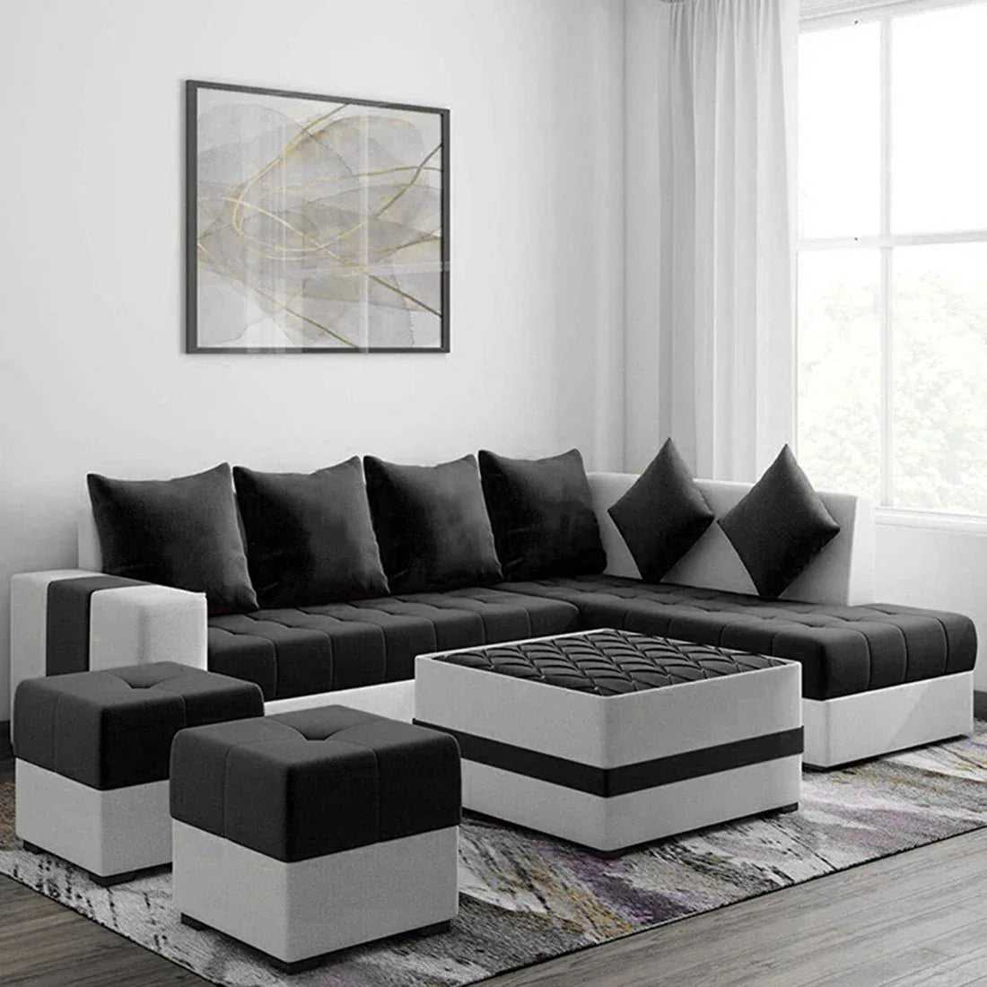 Steffan 8 Seater L Shape Fabric Sofa Set with Centre Table and 2 Puffy | Premium 8 Seater Sofa Set