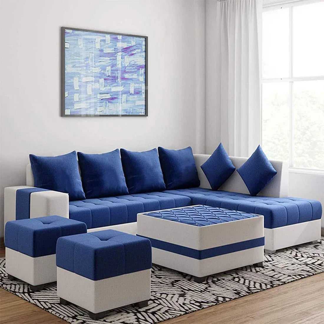 Steffan 8 Seater L Shape Fabric Sofa Set with Centre Table and 2 Puffy | Premium 8 Seater Sofa Set