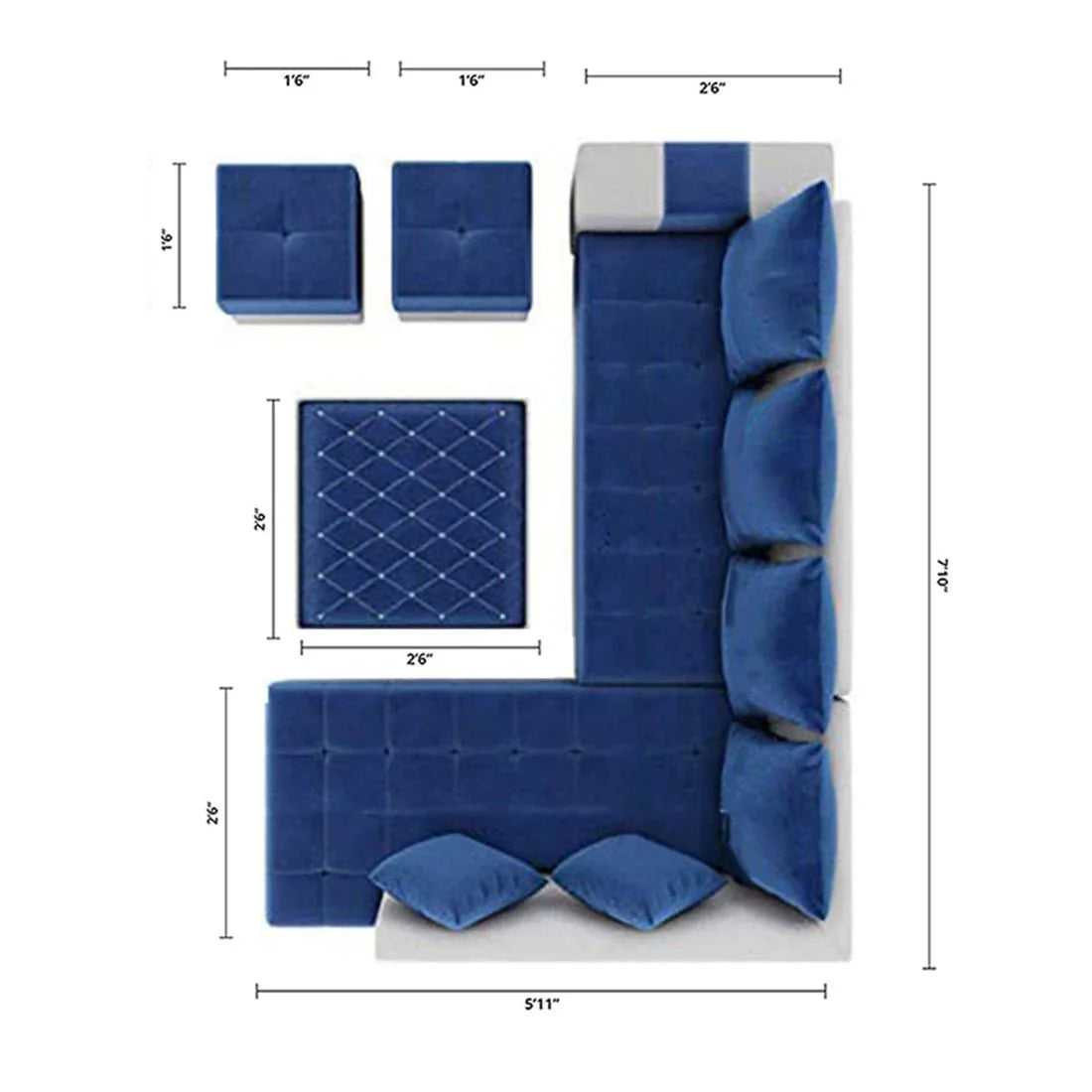 Steffan 8 Seater L Shape Fabric Sofa Set with Centre Table and 2 Puffy | Premium 8 Seater Sofa Set