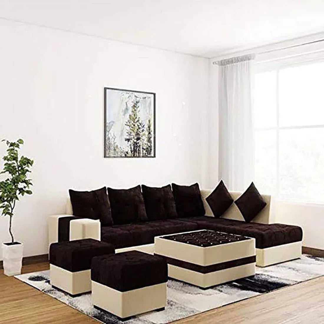 Steffan 8 Seater L Shape Fabric Sofa Set with Centre Table and 2 Puffy | Premium 8 Seater Sofa Set