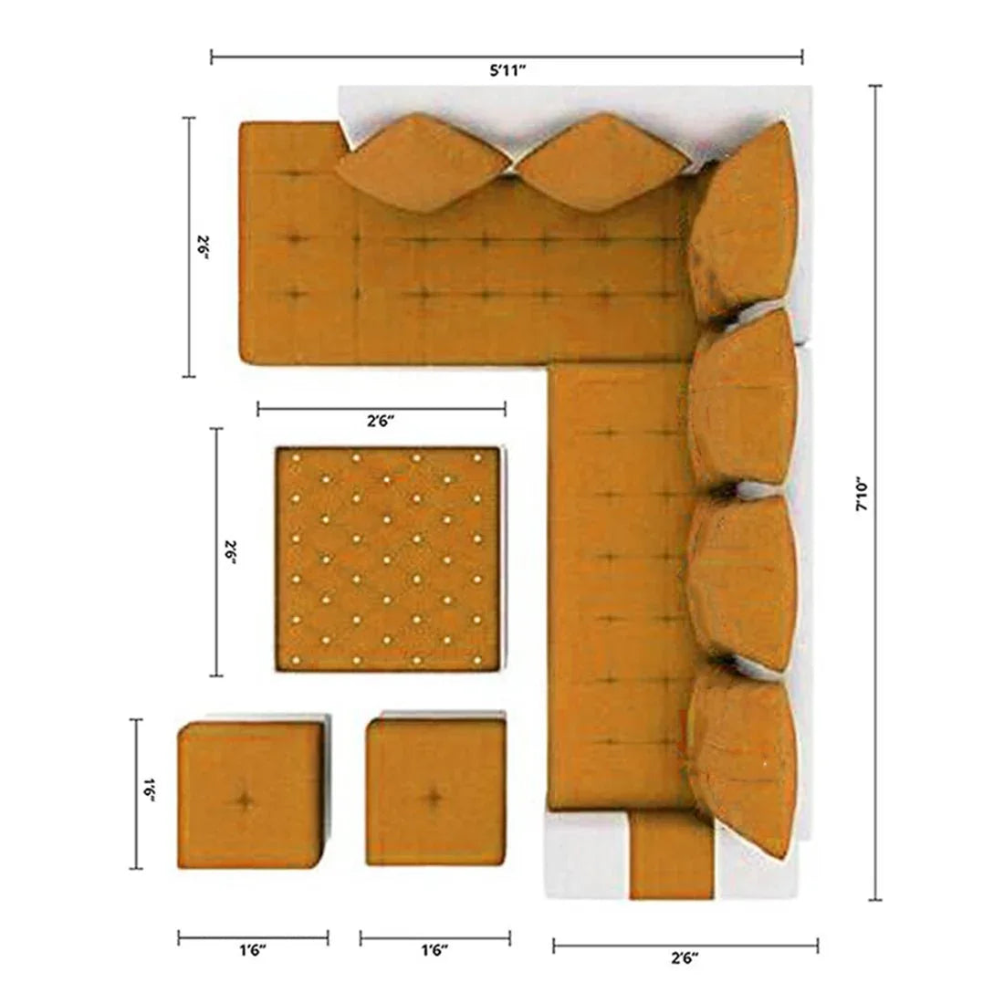 Steffan 8 Seater L Shape Fabric Sofa Set with Centre Table and 2 Puffy | Premium 8 Seater Sofa Set