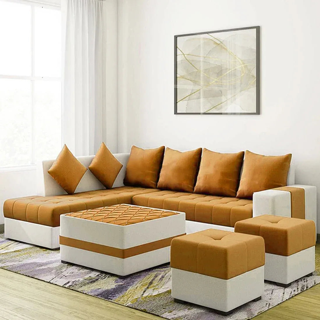 Steffan 8 Seater L Shape Fabric Sofa Set with Centre Table and 2 Puffy | Premium 8 Seater Sofa Set