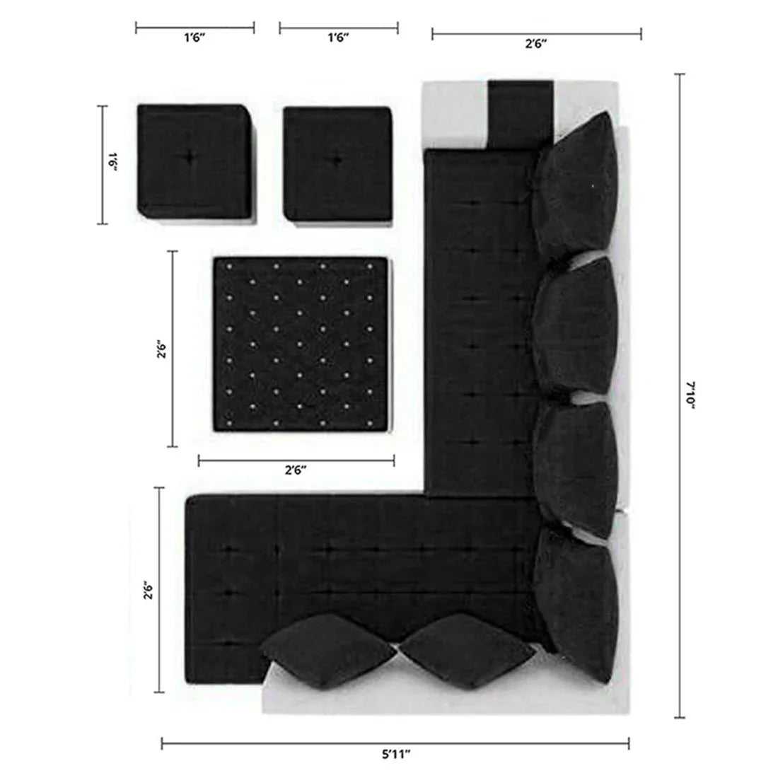 Steffan 8 Seater L Shape Fabric Sofa Set with Centre Table and 2 Puffy | Premium 8 Seater Sofa Set