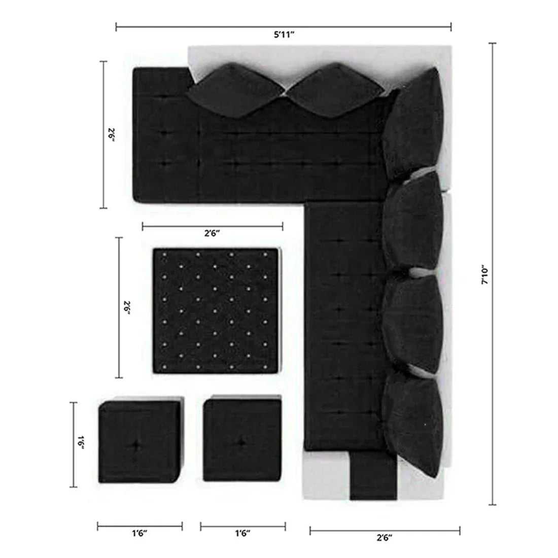 Steffan 8 Seater L Shape Fabric Sofa Set with Centre Table and 2 Puffy | Premium 8 Seater Sofa Set