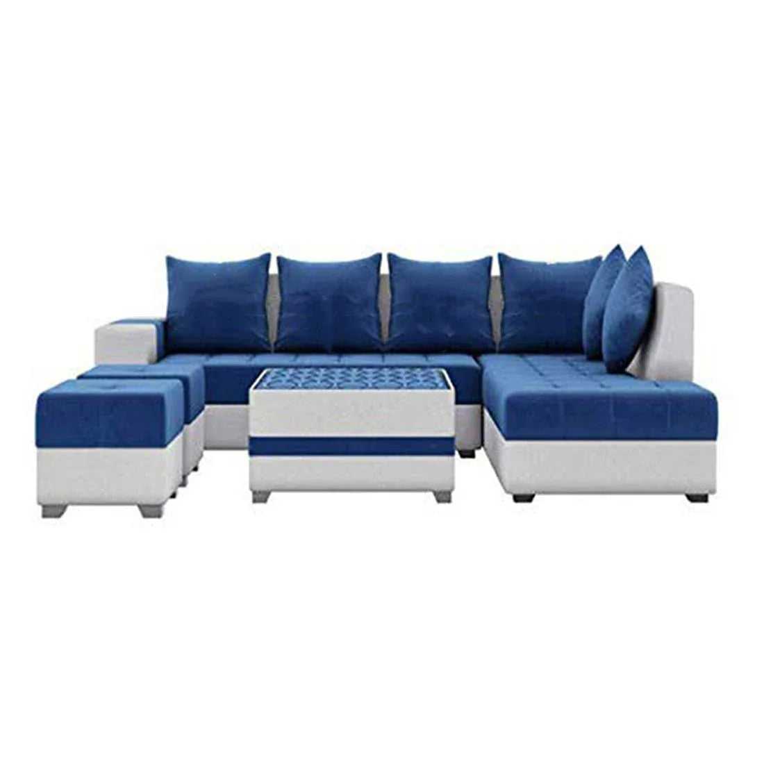 Steffan 8 Seater L Shape Fabric Sofa Set with Centre Table and 2 Puffy | Premium 8 Seater Sofa Set