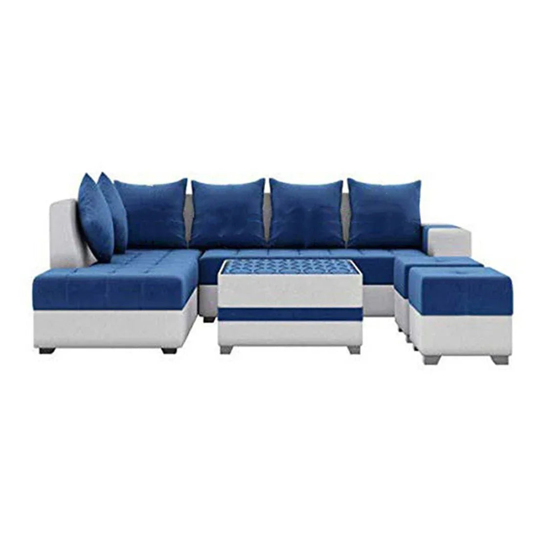Steffan 8 Seater L Shape Fabric Sofa Set with Centre Table and 2 Puffy | Premium 8 Seater Sofa Set