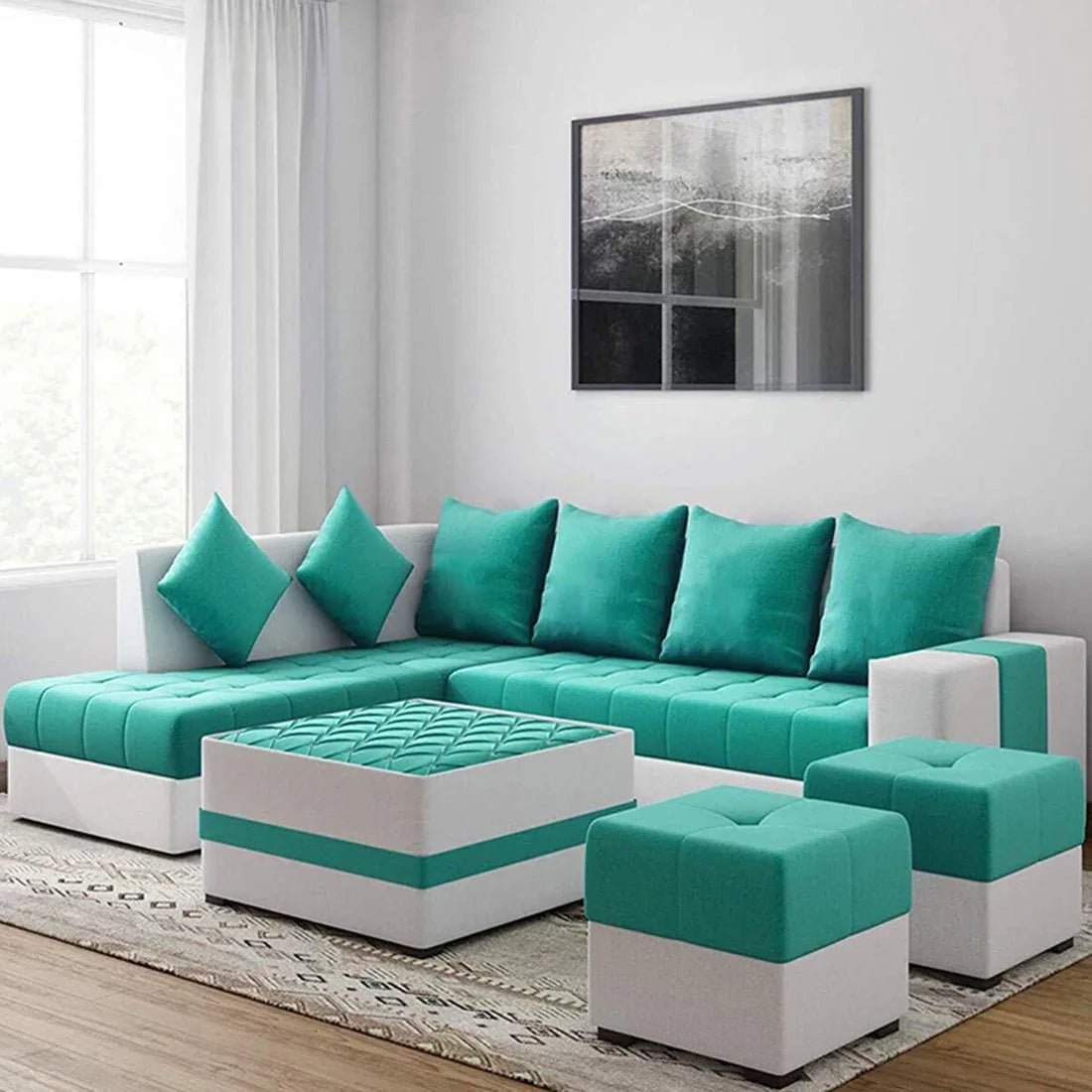 Steffan 8 Seater L Shape Fabric Sofa Set with Centre Table and 2 Puffy | Premium 8 Seater Sofa Set