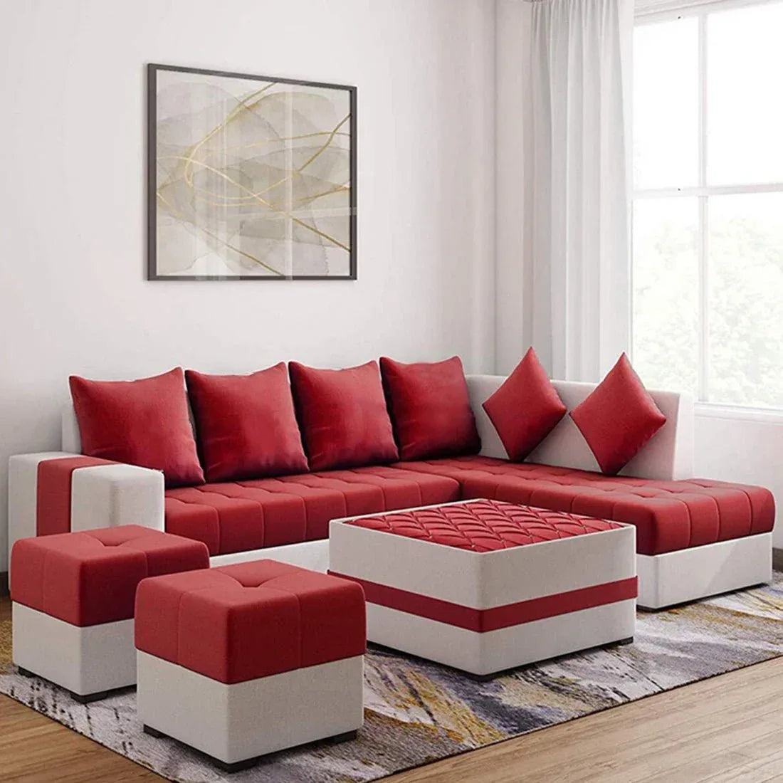 Steffan 8 Seater L Shape Fabric Sofa Set with Centre Table and 2 Puffy | Premium 8 Seater Sofa Set