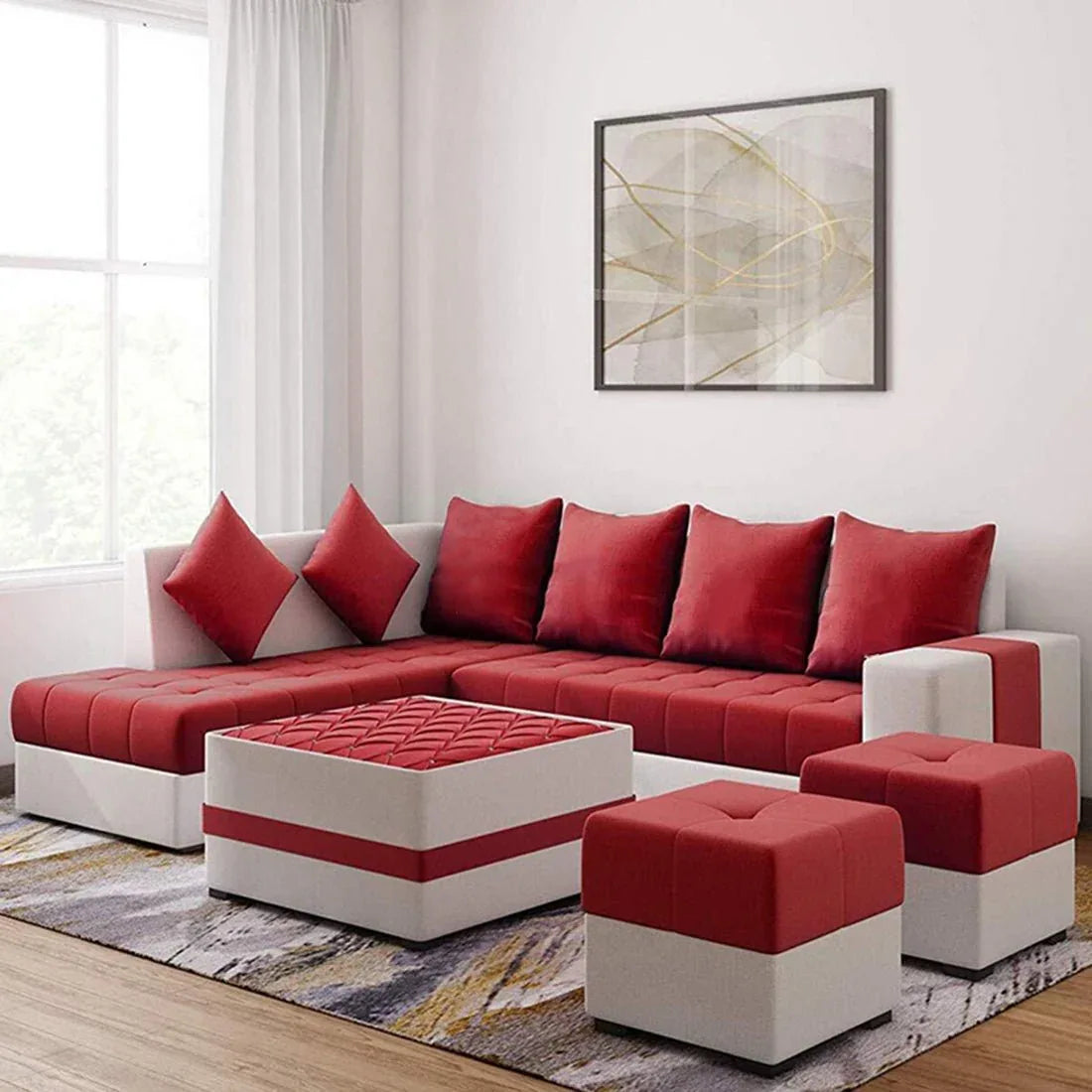 Steffan 8 Seater L Shape Fabric Sofa Set with Centre Table and 2 Puffy | Premium 8 Seater Sofa Set