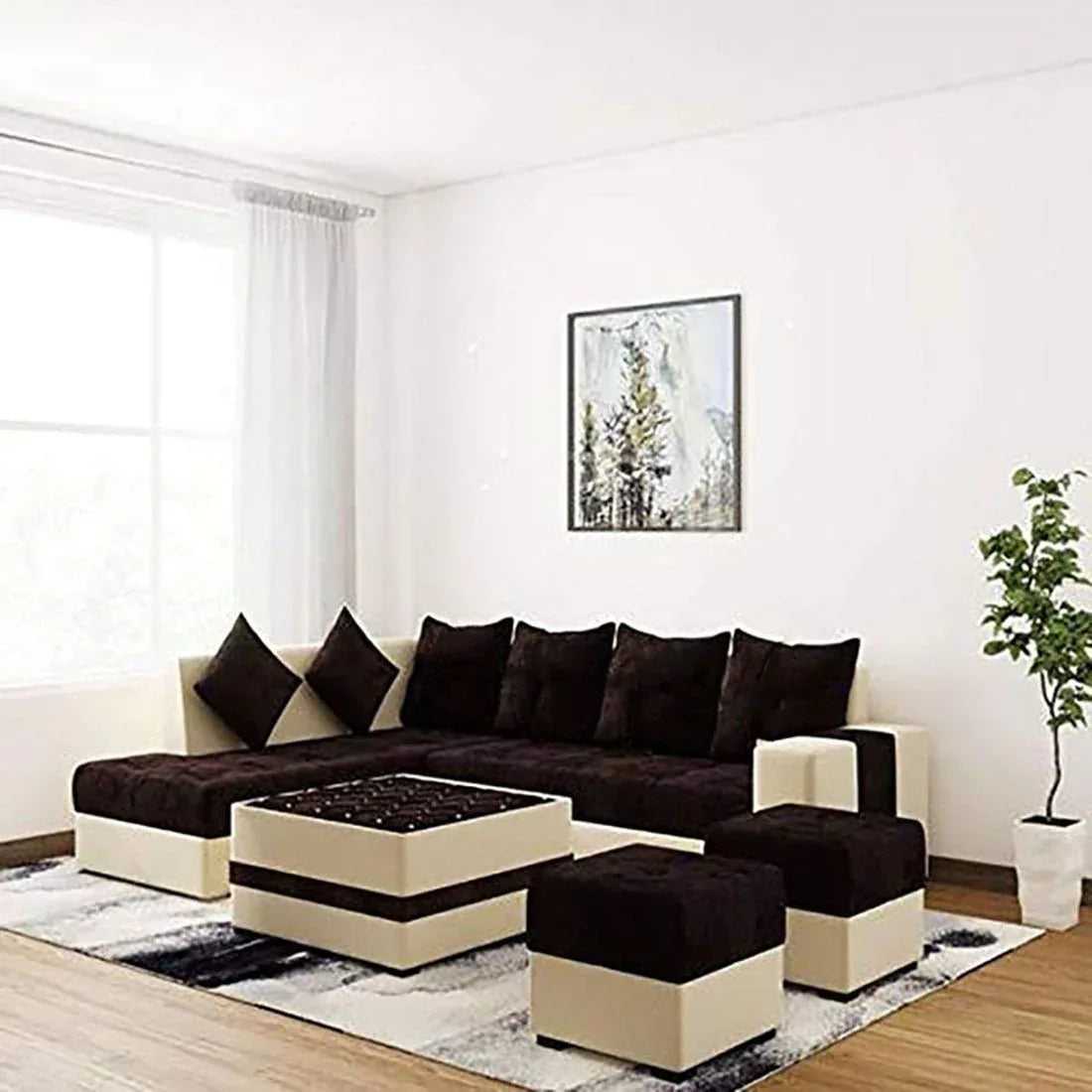 Steffan 8 Seater L Shape Fabric Sofa Set with Centre Table and 2 Puffy | Premium 8 Seater Sofa Set