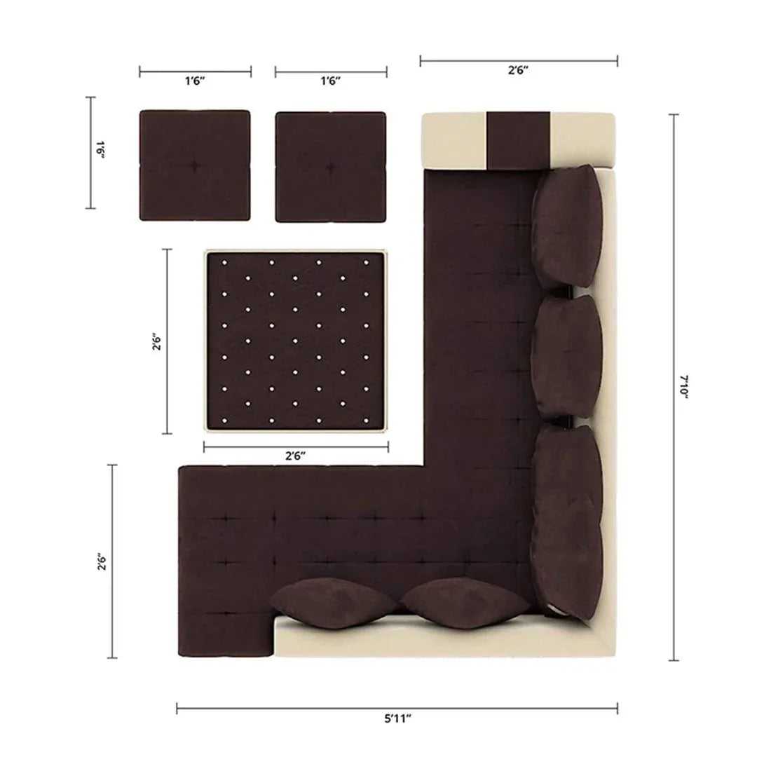 Steffan 8 Seater L Shape Fabric Sofa Set with Centre Table and 2 Puffy | Premium 8 Seater Sofa Set