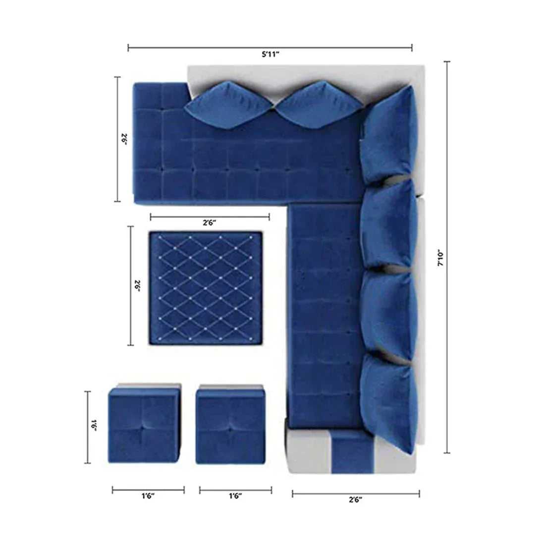 Steffan 8 Seater L Shape Fabric Sofa Set with Centre Table and 2 Puffy | Premium 8 Seater Sofa Set