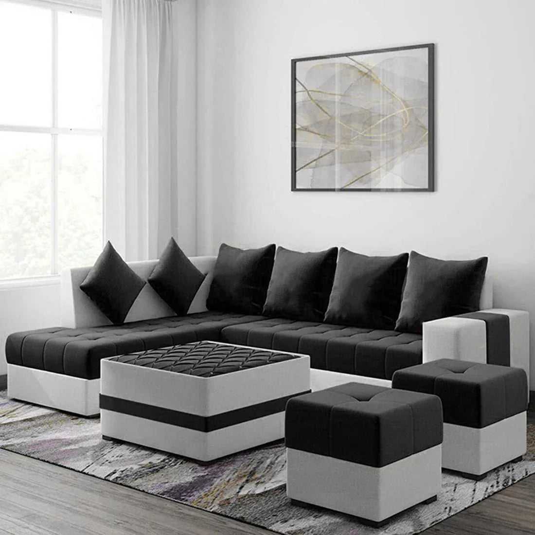 Steffan 8 Seater L Shape Fabric Sofa Set with Centre Table and 2 Puffy | Premium 8 Seater Sofa Set